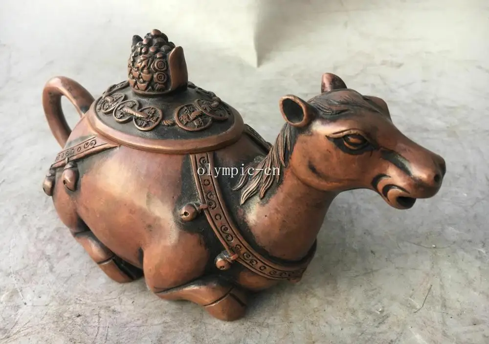 9'' red copper carved folk home fengshui decor auspicious beast horse teapot pot