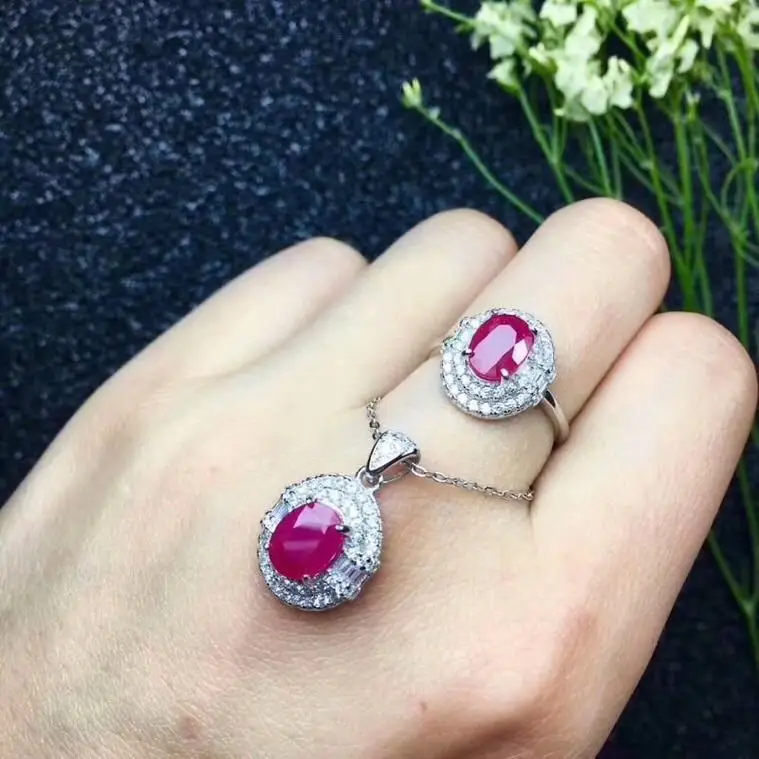 Free Shipping Natural Ruby jewelry set Natural Real Ruby 925 sterling silver 1pc pendant,1pc Ring