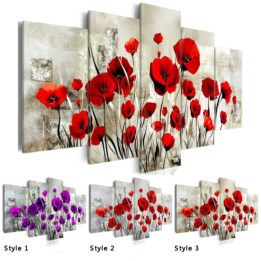 5PCS/Set Red Pruple Poppy Flower Art Print Frameless Canvas Painting Wall Picture Home Decoration,Choose Color And Size No Frame