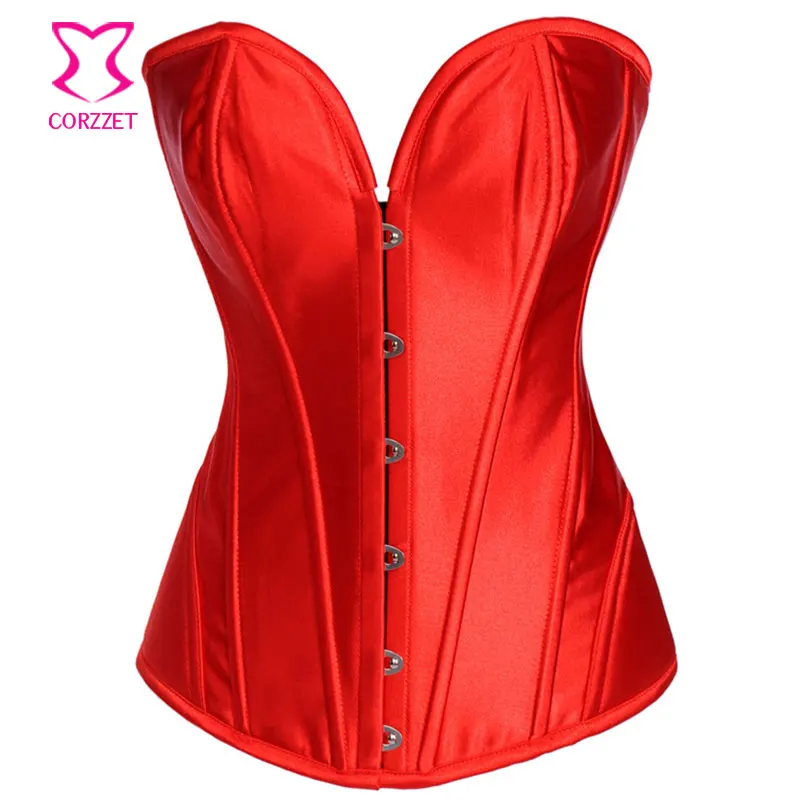 

Women's Red Satin Corset Top Steel Boned Overbust Corselet Corset Gothic Clothing Korset Sexy Burlesque Corsets and Bustiers