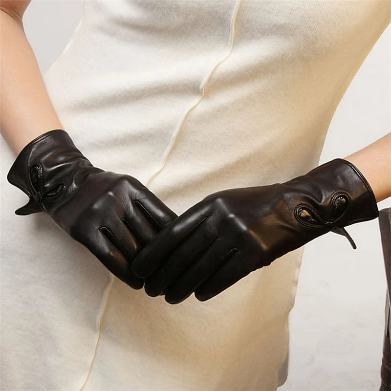 Brand Genuine Leather Gloves Fashion Women Sheepskin Gloves Thermal Winter Plus Velvet Elegant Lady Driving Glove L030NC2