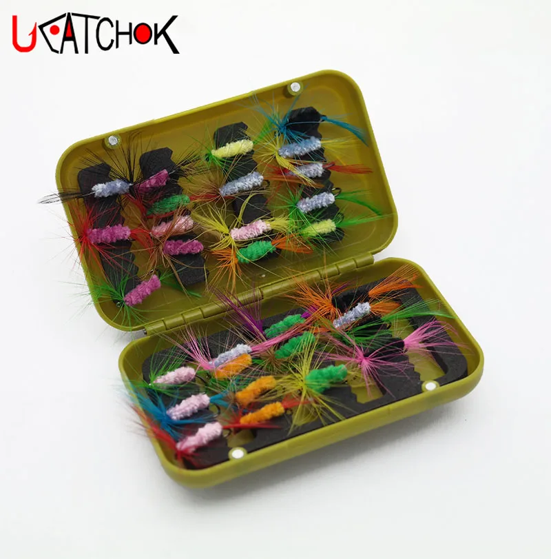 32pcs/box Dry Fly Hooks Tackle Tool Kits Fishing Trout Flies Carbon Steel Butterfly Style Fish Lures Plastic BOX Hooks SET gear