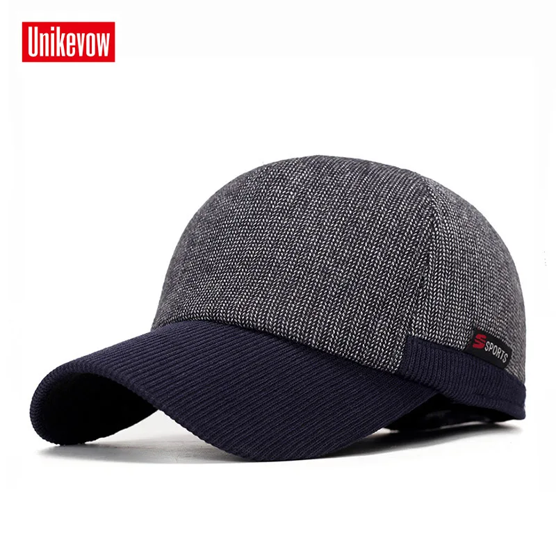 UNIKEVOW New arrivel Winter baseball caps with ears motorcycle cap Casual winter hat  warm caps with corduroy visor for men