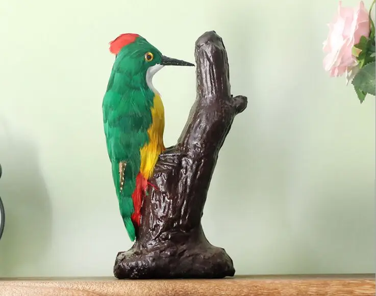 

real life toy about 14x20cm green woodpecker model polyethylene&furs feathers bird home decoration props ,model gift d0194