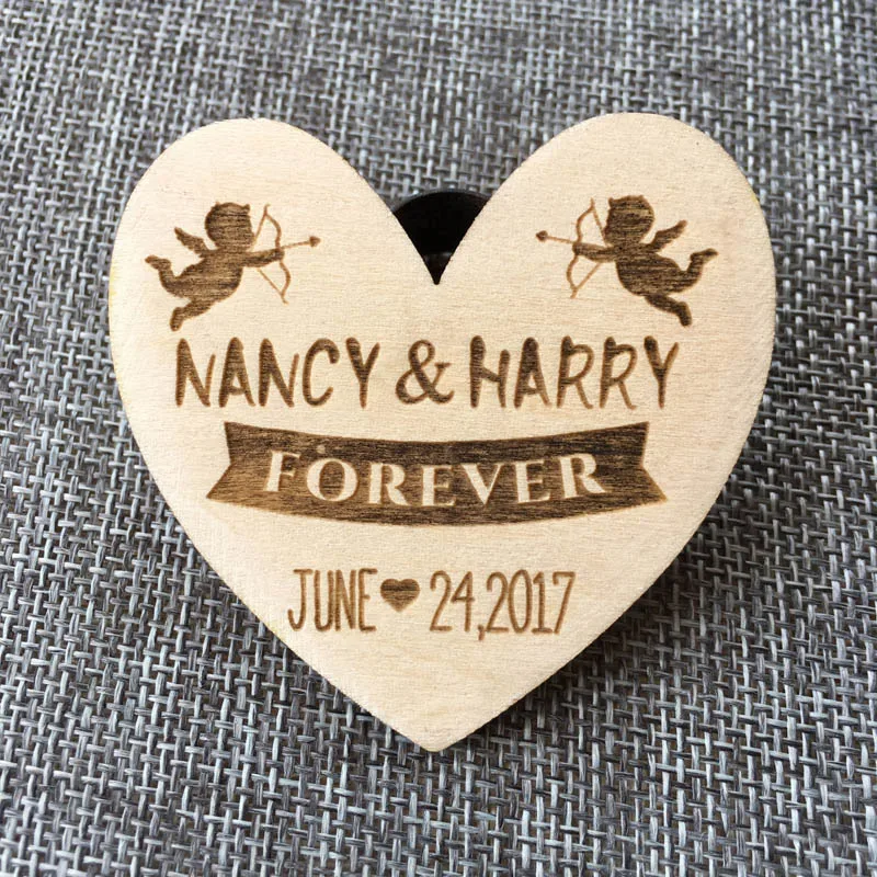 Customized Angel Wood Heart Favors, Wedding Wood Favors, Save the Date Wood Magnets, Engraved Wedding Gifts，Wedding Supplies