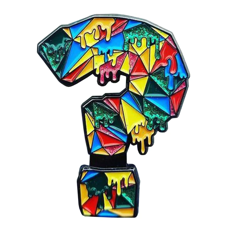 Tęczowy znak zapytania, emaliowana szpilka, stopiona kropla, kawałki puzzli, broszka, odznaka świadomości
