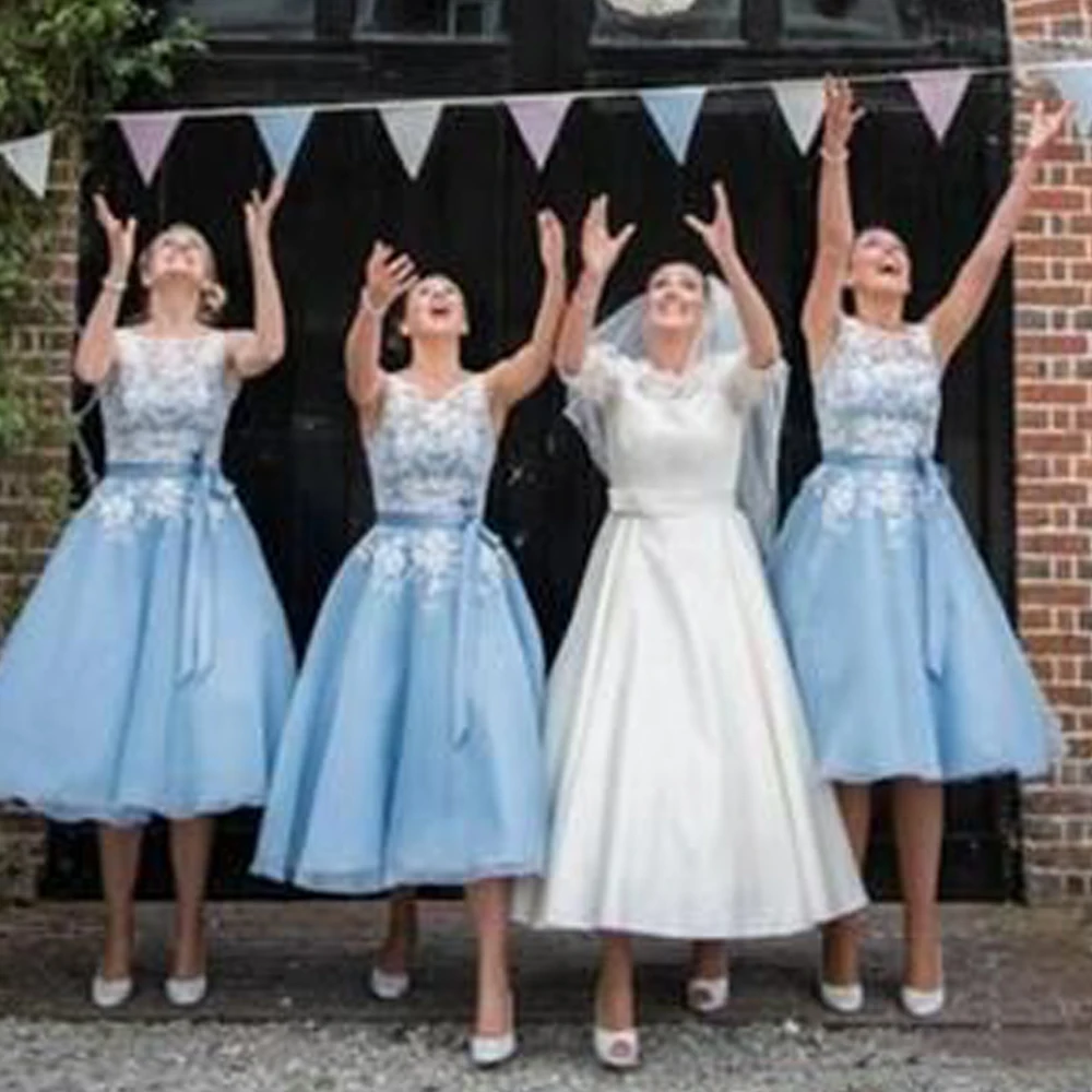 Vestidos para dama de honra, azul, de renda, decote, faixas, tule, comprimento do chá, vestidos para festa de casamento, 2019