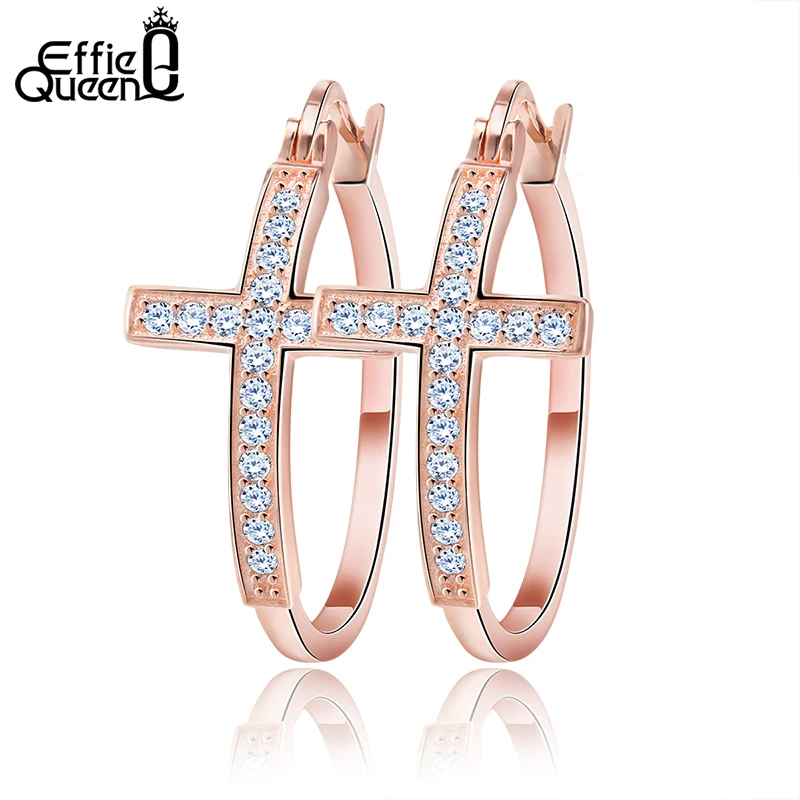 Effie Queen Big Cross Hoop Earrings For Women AAA CZ Crystal Rose Gold / Silver Color Earring Fashion Jewelry Party Gift  HOE142