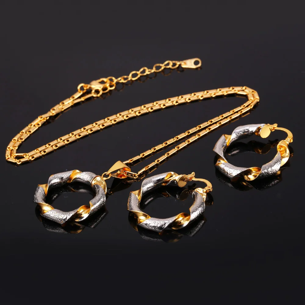 U7 Dubai Necklace Set Trendy Round Pendant  Earrings Mix Gold Color  Jewelry  Women S661