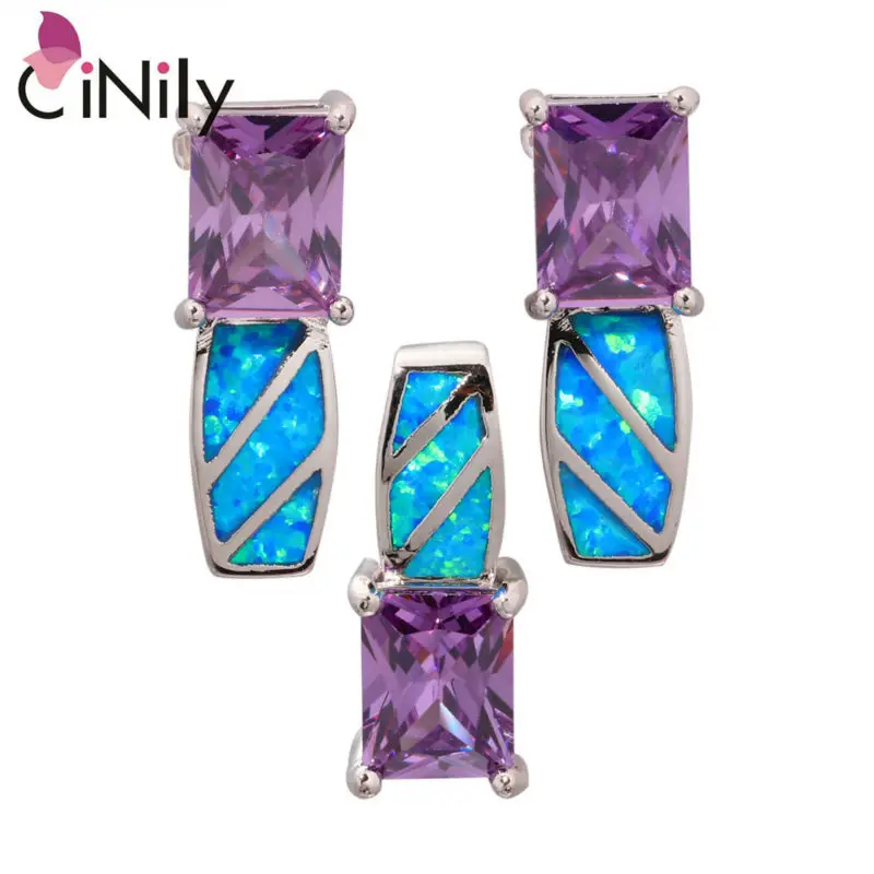 CiNily Created Blue Fire Opal Purple Zircon Silver Plated Jewelry Set Wholesale for Women Jewelry Pendant Stud Earrings OT101