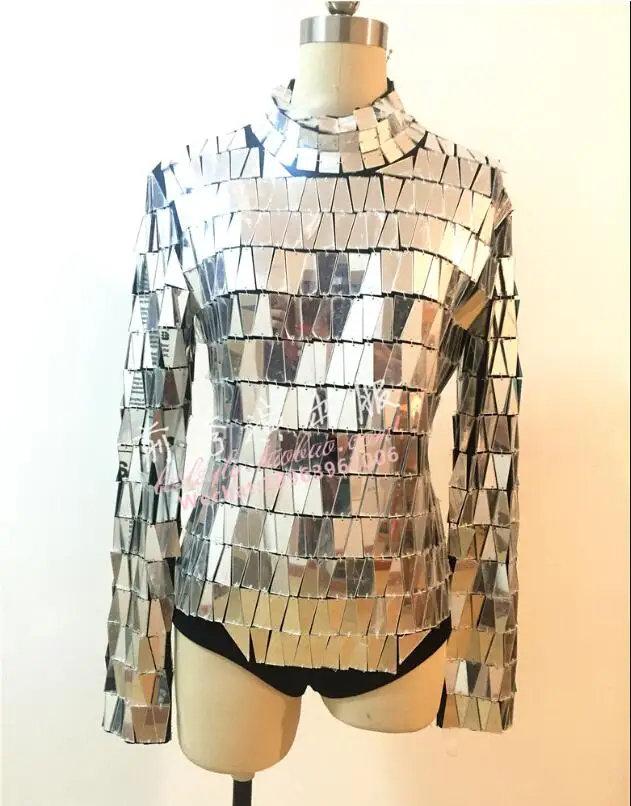 Mirror Costume DJ Dance Wear Nightclub Sliver Women Tops Shiny