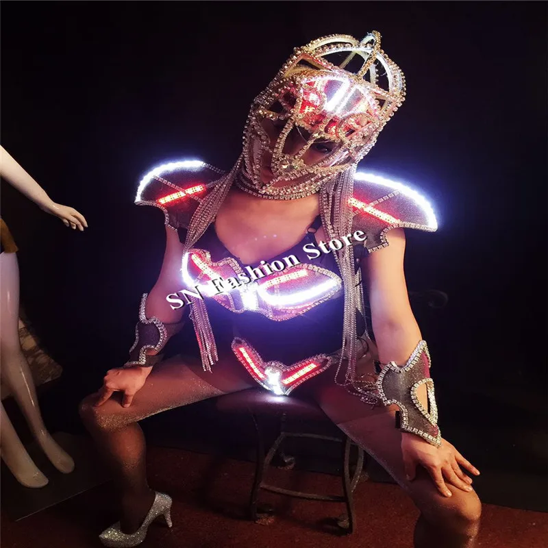 AS86-1 Sexy ballroom dance women dresses led light costumes with bra helmet robot men dj led luminous bar model wears clothes dj