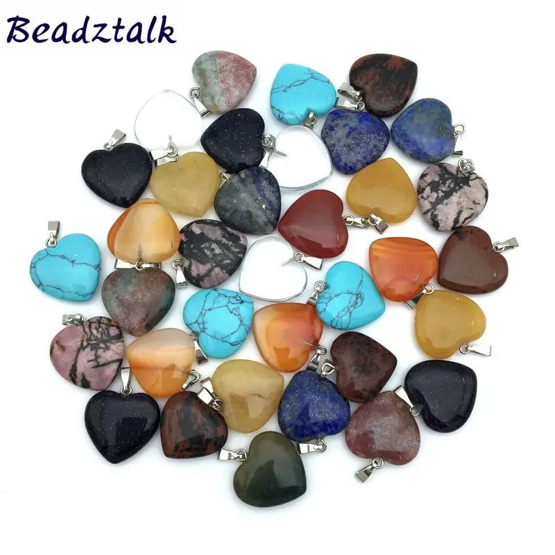 50  pcs a lot Colorful Stone Beads 20 mm Heart Charm Earring Pendants For Choker Jewelry Opal Carnelian Onyx Lapis Jaspers etc