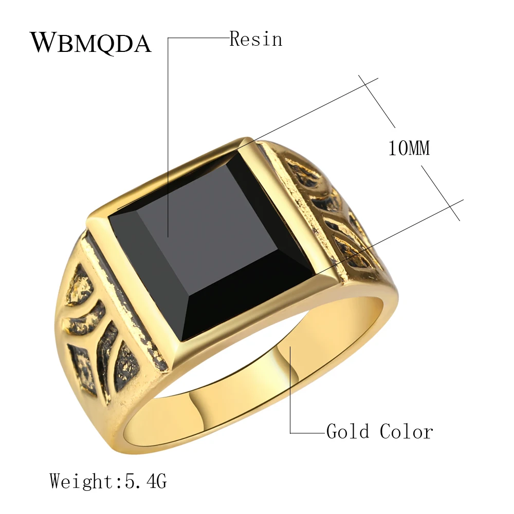 Vintage Square Black Stone Signet Ring Men Antique Gold Wedding Rings Indian Jewelry Male Accessories Gift