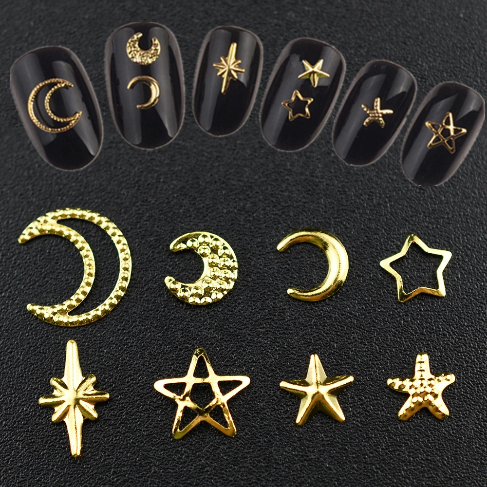 1000Pcs Gold Star Moon Glitter Charms Metal Tips Slice Rivet DIY 3D FlatBack Nail Art Decorations Nails Jewelry Accessories