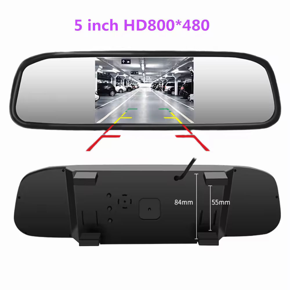 Автомобильный монитор с 5-дюймовым TFT LCD экраном HD 800*480, функцией зеркального заднего вида и 2 видеовходами, камера заднего вида опционально.