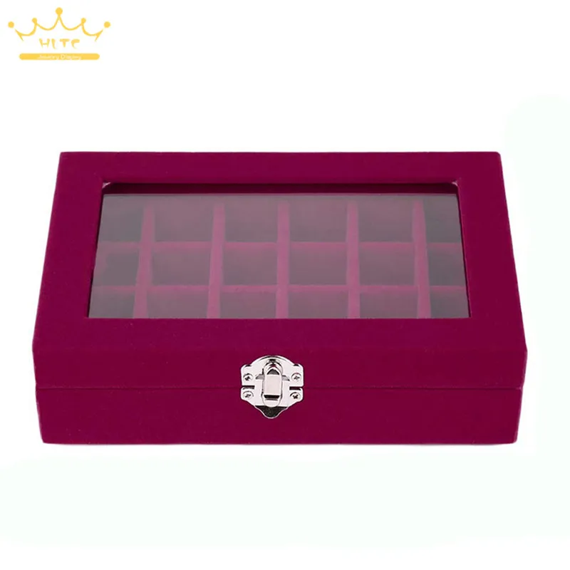 

Multicolor flocking 24 grid with glass cover jewelry box jewelry necklace ring bracelet storage box portable travel cosmetic bag