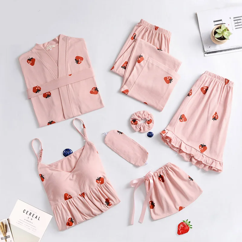 Women Pajamas 7 Sets Cotton Sleepwear Pijama Ladies Home Wear Home Clothing Chest Pads Spaghetti Strap Sleep Lounge Summer