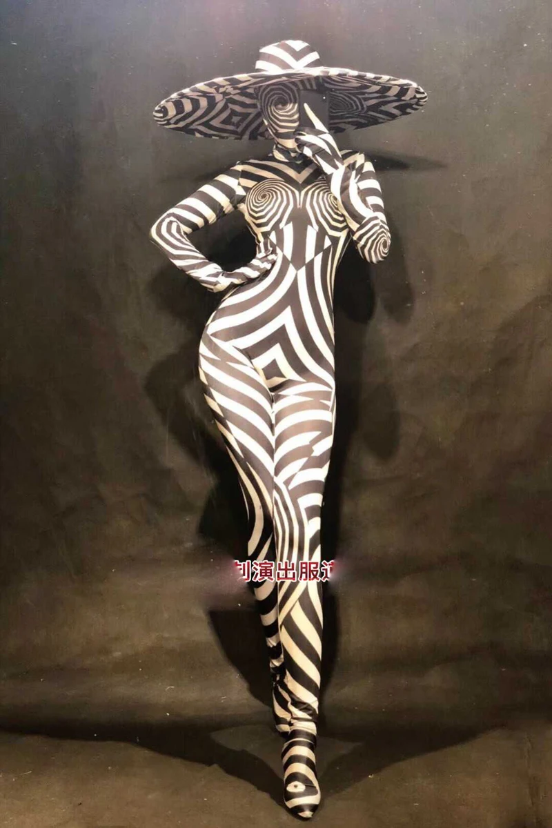 Sexy zebra costumes big hats green red black jumpsuits night club party cosplay costume performance  stage tv show dance wear