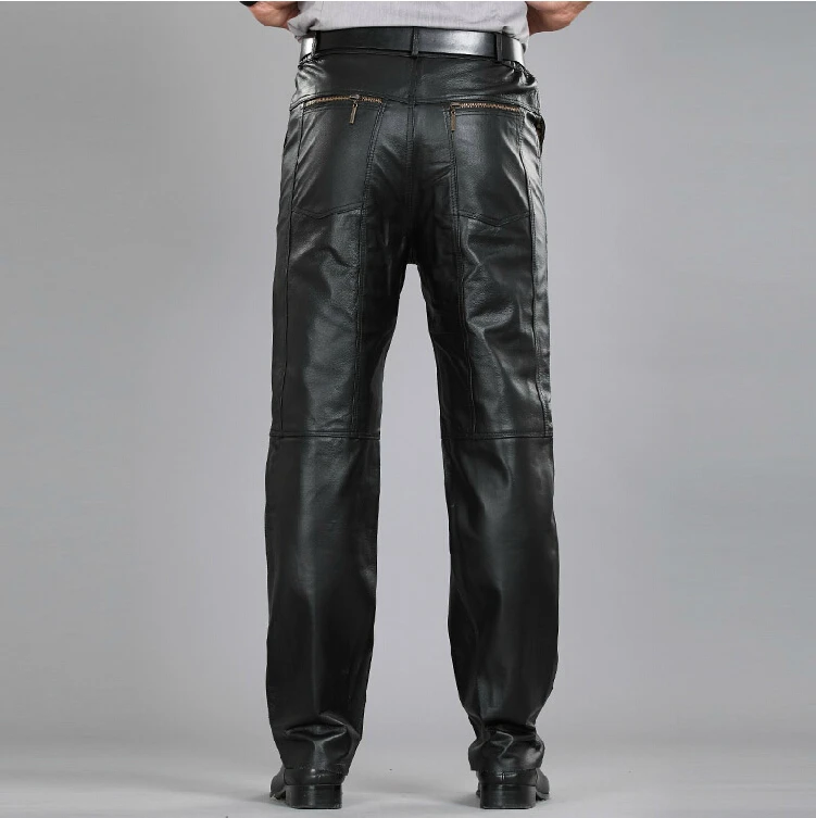 30-40 Men's Plus Size Genuine Leather Sheepskin Leather Pants Motorcycle Pants Straight Cotton Warm Sheepskin Leather Trousers