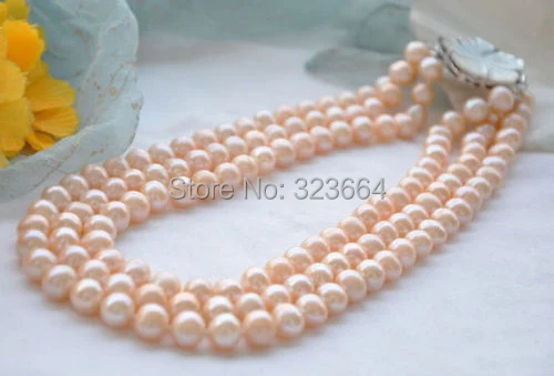 

3row 17" 10mm pink round FRESHWATER CULTURED pearl necklace