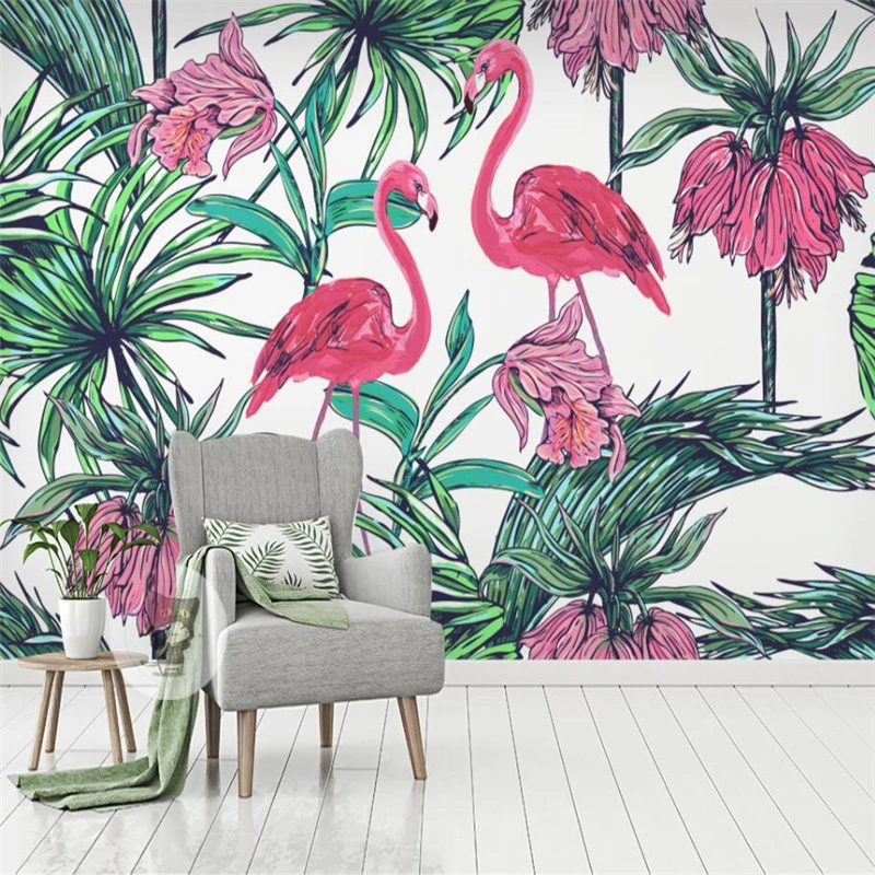 

wellyu Flamingo Leaves Tropical Rain Forest Wall Custom Large Mural Home Decor Wallpaper papel de parede para quarto