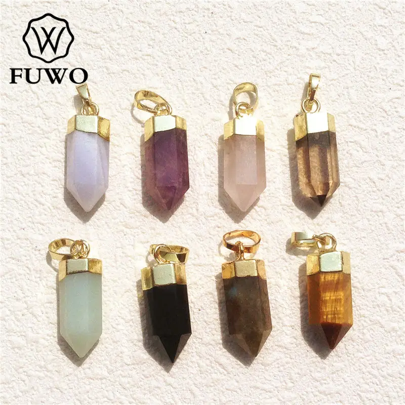 FUWO Wholesale Lovely Natural Crystal Point Pendant,Golden Plated Bullet Shape Quartz Accessories For Jewelry Making 5Pcs PD125