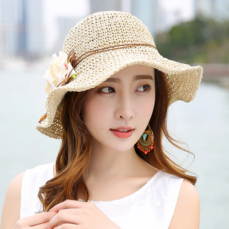 

New Raffia Straw Hat Large Brim Flower Beach Sun Cap Women Floppy Wide Brim Travel Hat Female Sun-shading Straw Sun Hat B-7984