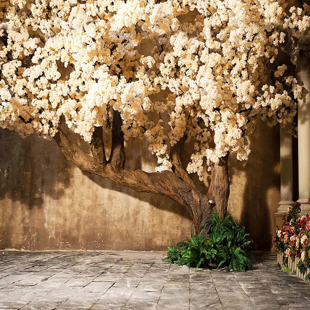 

Spring Blossom Photograph Background for Studio Printed Flowers Tree Pillars Garden Wedding Photography Backdrops Brick Floor