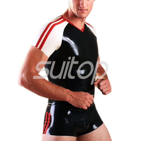 Mannen Latex sets Rubber Shorts met rubber latex sport T-shirts