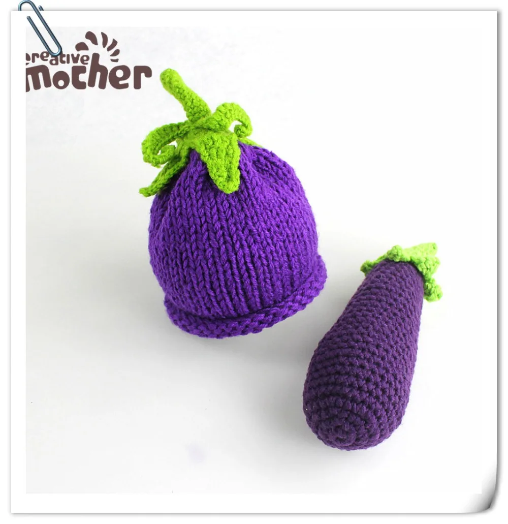 

Newborn Photography Props Baby Costume Photography Accessories Baby Hats Caps Photo Props Eggplant Knit Cap Vegetables Shape Set