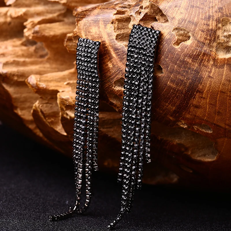 Black Full Rhinestone Drop Earring Quality Earrings For Women Luxury Jewelry Long Dangle Earring #E019