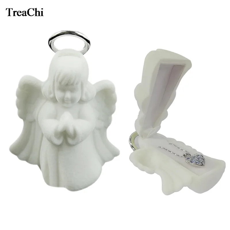 White Angel Jewelry Gift Box Luxury Flocking Velvet Earring Necklace Storage Packaging Display Case Lover's Jewelry Gift Box