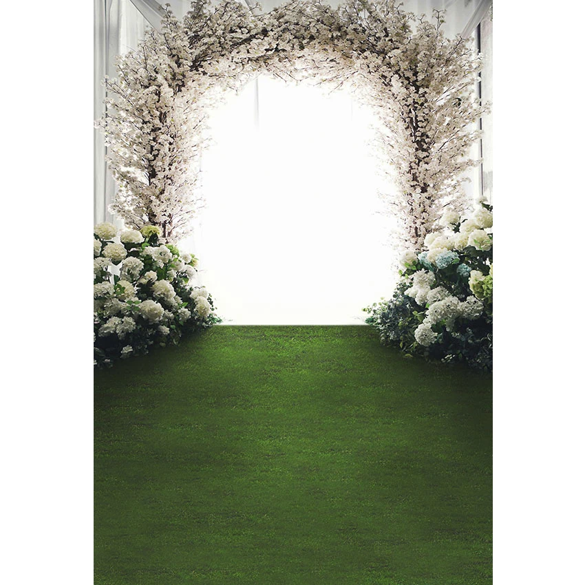 

Bright Window White Flowers Arch Door Wedding Photography Backdrop Vinyl Printed Blossoms Photo Studio Backgrounds Green Floor