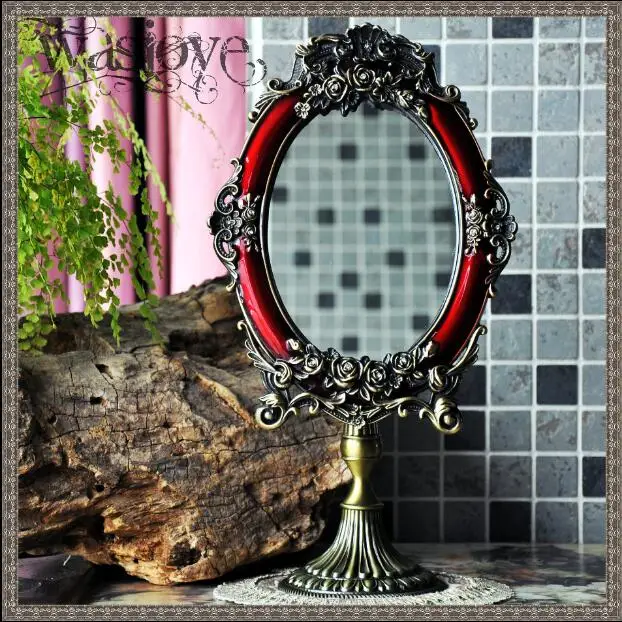 

European Antique Bronze Red Frame Metal Desktop Mirror, Big Vintage Mirrors for Bedroom Decoration, Wife's Gift, J023
