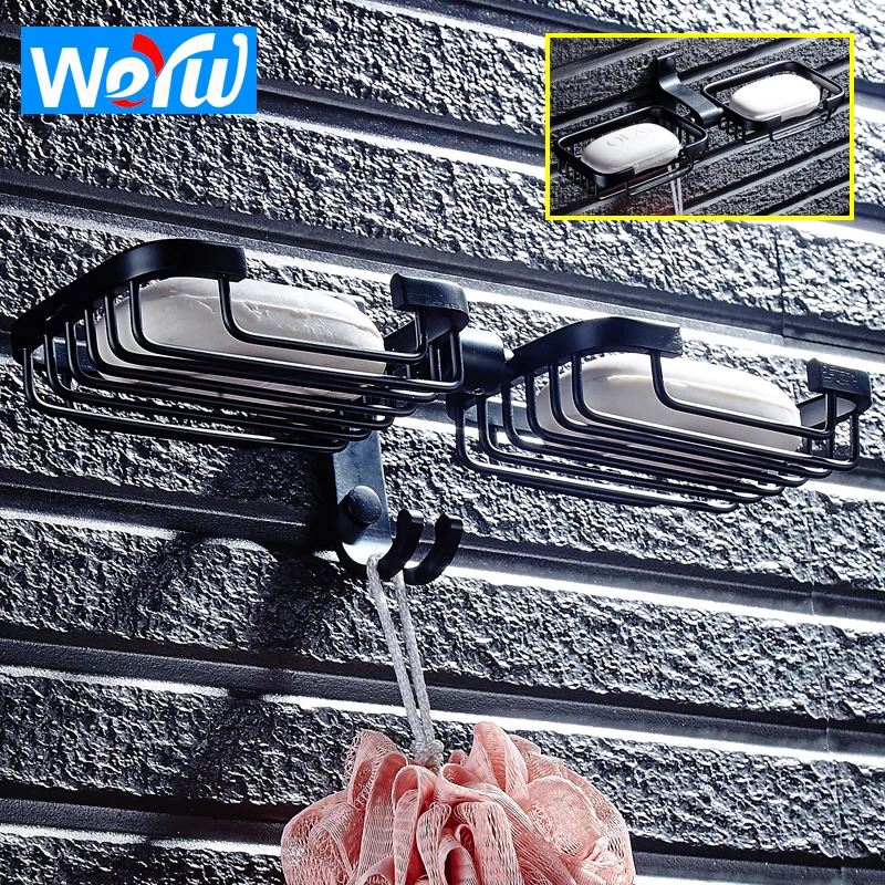 Bathroom Soap Holder Black Aluminum Double Soap Dish Wall Mounted Decorative Soap Dishes Box Modern Toilet Soap Rack Basket