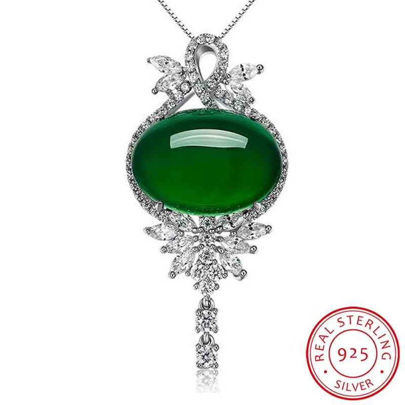 Luxury 925 Sterling Silver Jewelry Natural Gem Crystal Malay Green Pendants Necklaces Charms Jewelry Gift