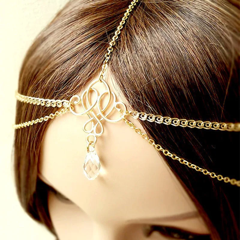 New Wedding Hair Accessories Simple Tassel Pearl Water Drop Gold Bijoux Bridal Headband Crystal Head Chain For Women