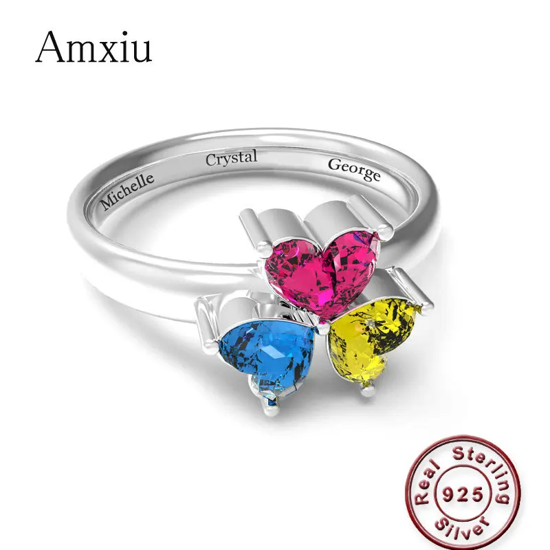 

Amxiu Personalized Gift 925 Silver Jewelry Custom Engraved Names Rings For Women Anniversary Rings with Birthstones Zircon Ring