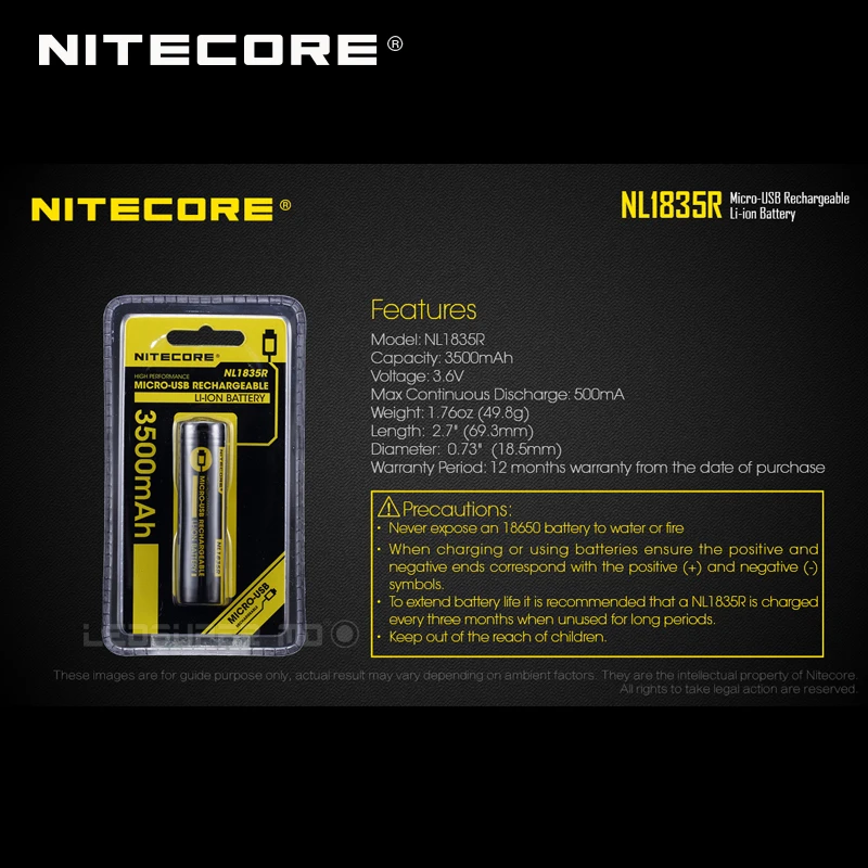 Original Nitecore NL1835R 3500mAh 18650 Micro-USB Rechargeable Li-ion Battery with Charging Port