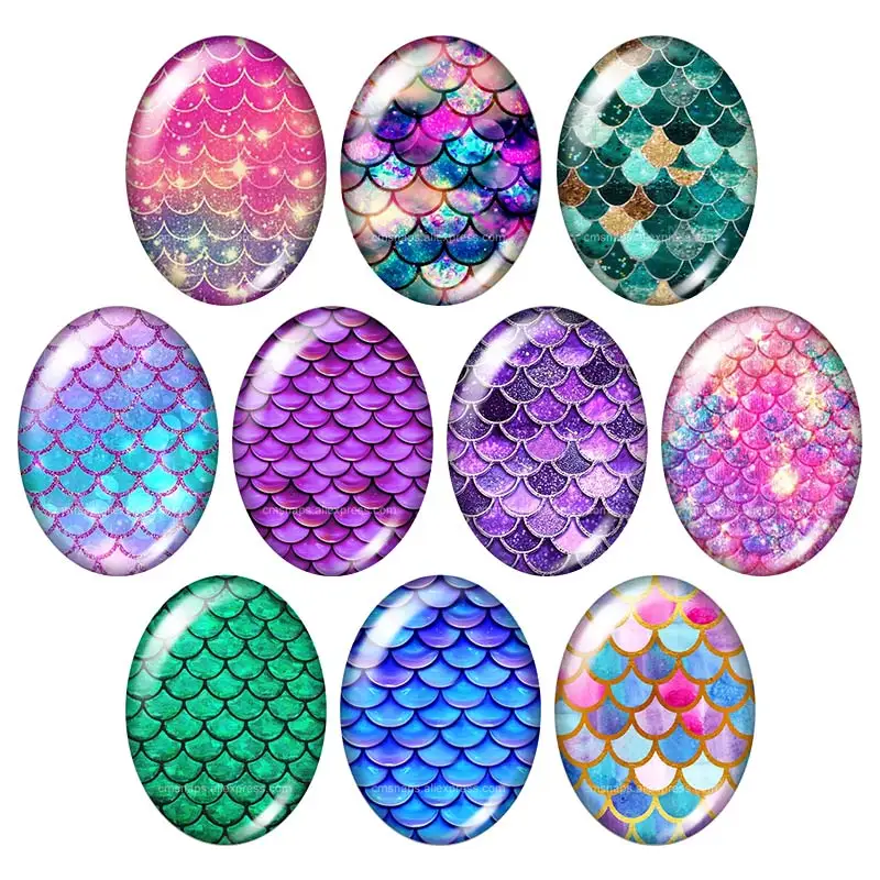 Beauty Colorful Fish scales 13x18mm/18x25mm/30x40mm mixed Oval photo glass cabochon demo flat back Jewelry findings TB0041