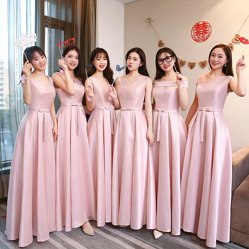 Lente Zomer Vrouwen Roze Lange Satijnen Bruidsmeisje Jurken Bruid Zus Jaarlijkse Prom Wedding Party Dress Lace Up Graduation Vestidos