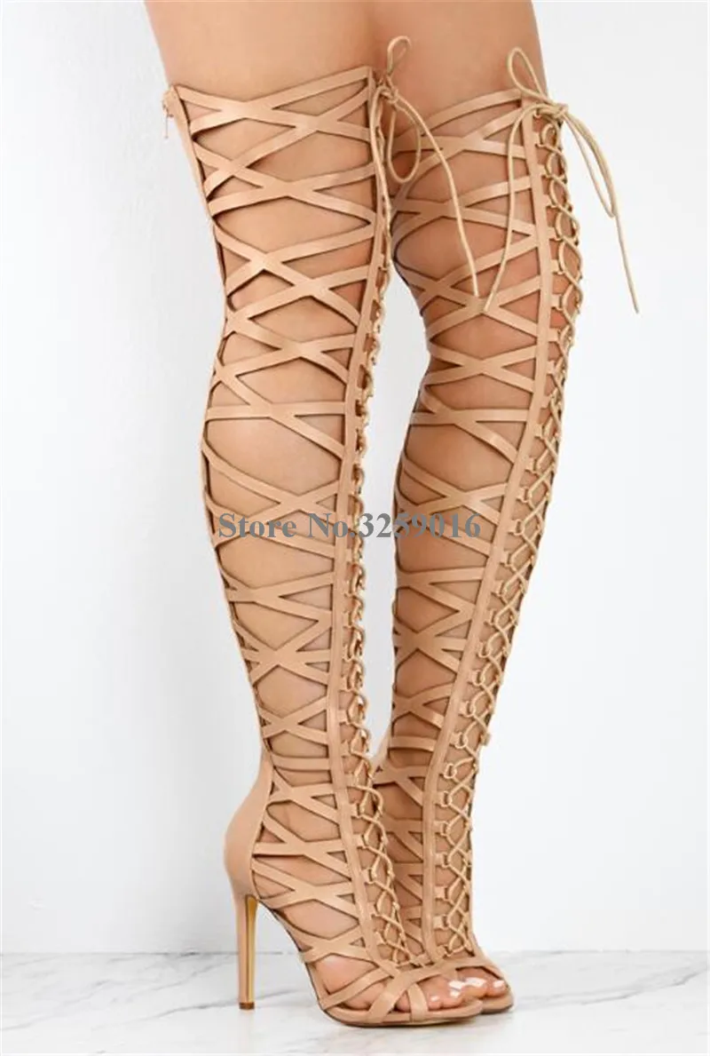 Lace-up Straps Cross Over Knee  Boots Gladiator Women Summer Sexy Cut-out Super High Heel Thigh Long Sandal Boots Dress Shoes