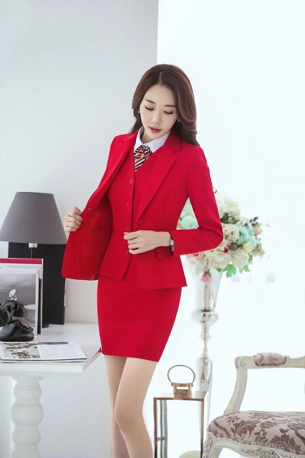 IZICFLY New Red Formal Trouser Set Uniform Designs For Women Suits With Pant Office Blazers Elegant Business Work Wear