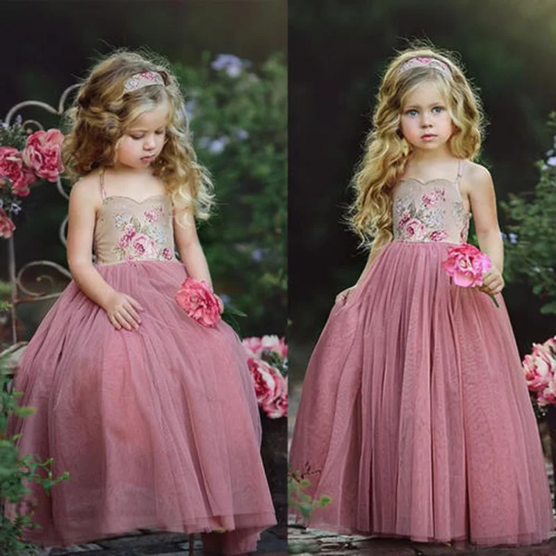 2019 New Princess Dress Kids Girl Pink Lace Flower Strappy Dress Maxi Long Princess Party Children Summer Ball Gown Formal Dress