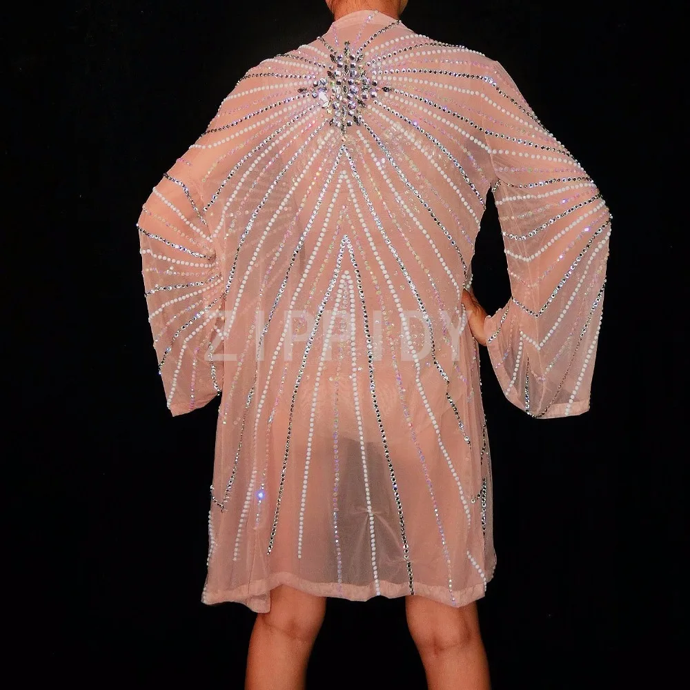 Body transparent à strass pour femmes, manteau ample, tenue de soirée dansante, vêtements de chanteur, pierres Sexy, 2 pièces