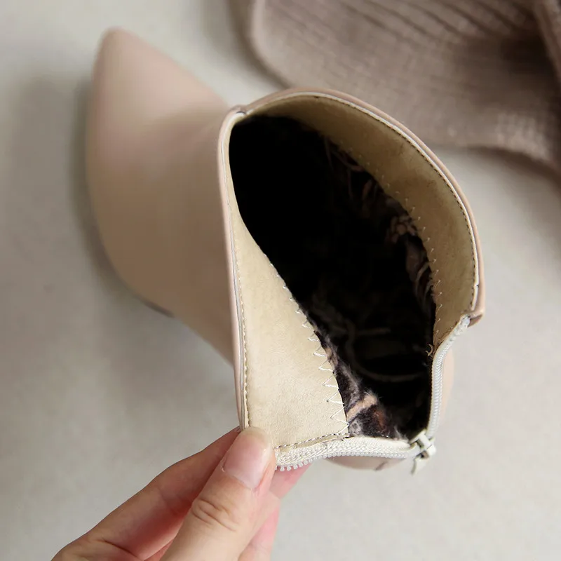 Women Shoes Fashion Metal Zipper Ankle Boots Ladies Elegant Short Plush Sexy Thin Heels Boats Mujer For Girls Size 32-43 Beige