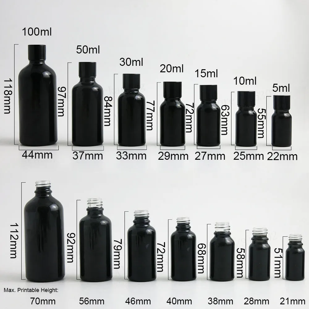 200pcs 5m 10ml 15ml 20ml 1oz 50ml 100ml  Shining Black Cosmetic Essential Perfume Oil Bottle With Aluminium Caps Lids