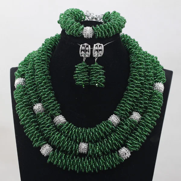 

Trendy African Jewelry Set New Dark Green Nigerian Wedding Beads Silver Costume Necklace Bracelet Earrings Bridal Set ABH246