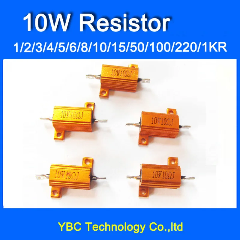 10pcs/lot RX24 10W Watt Power Metal Shell Aluminium Gold Resistor 1R 2R 3R 4R 5R 6R 8R 10R 15R 50R 100R 220R 1K etc.